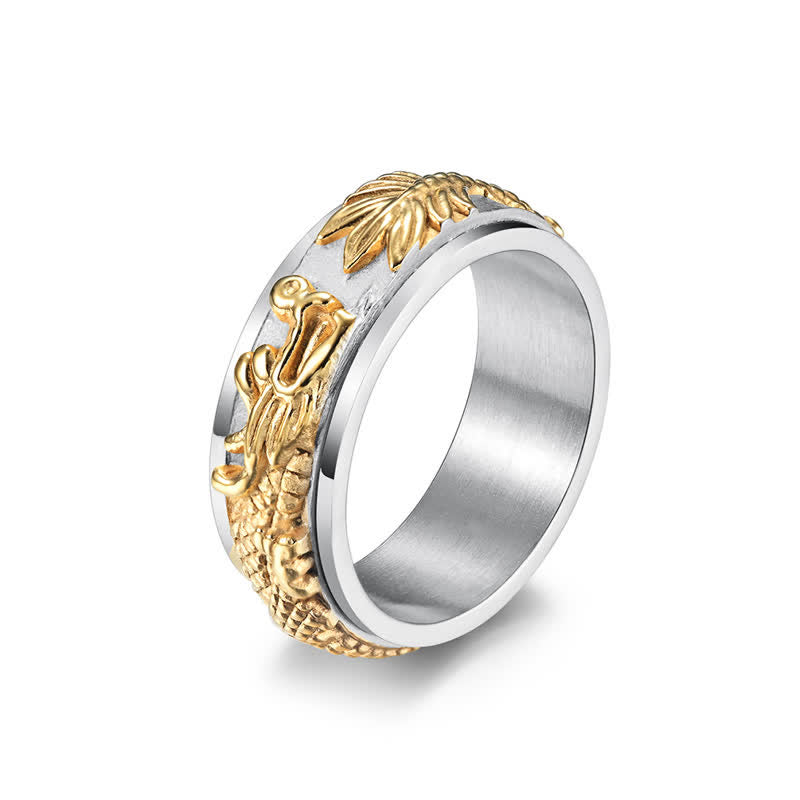 Dragon Titanium Steel Ring – Two-tone gold dragon spinner on white background, strength