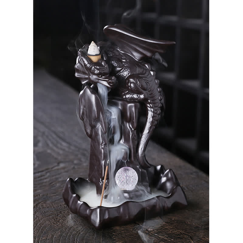 Nordic Dragon Backflow Incense Burner with lotus base and moon element, backflow smoke on dark wood, ceramic dragon