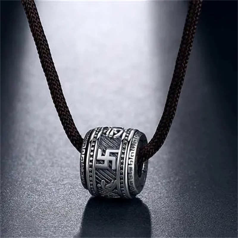 Tibetan Om Mani Padme Hum Pendant - Cylindrical pendant on brown braided cord with geometric borders, men amulet