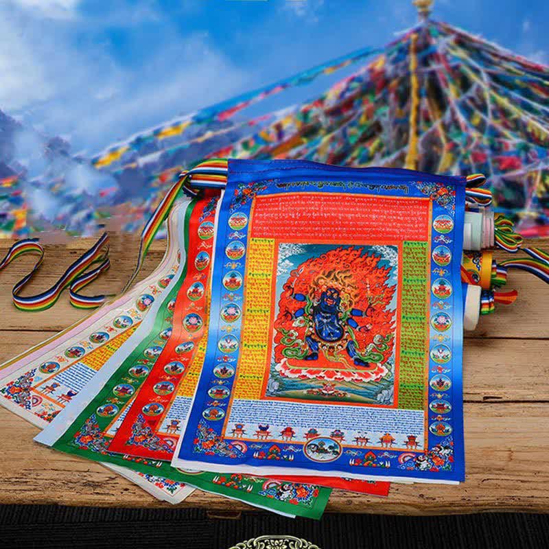 Tibetan Windhorse 10-Color Prayer Flag – front view showing serene Buddha expression, blessing home decor
