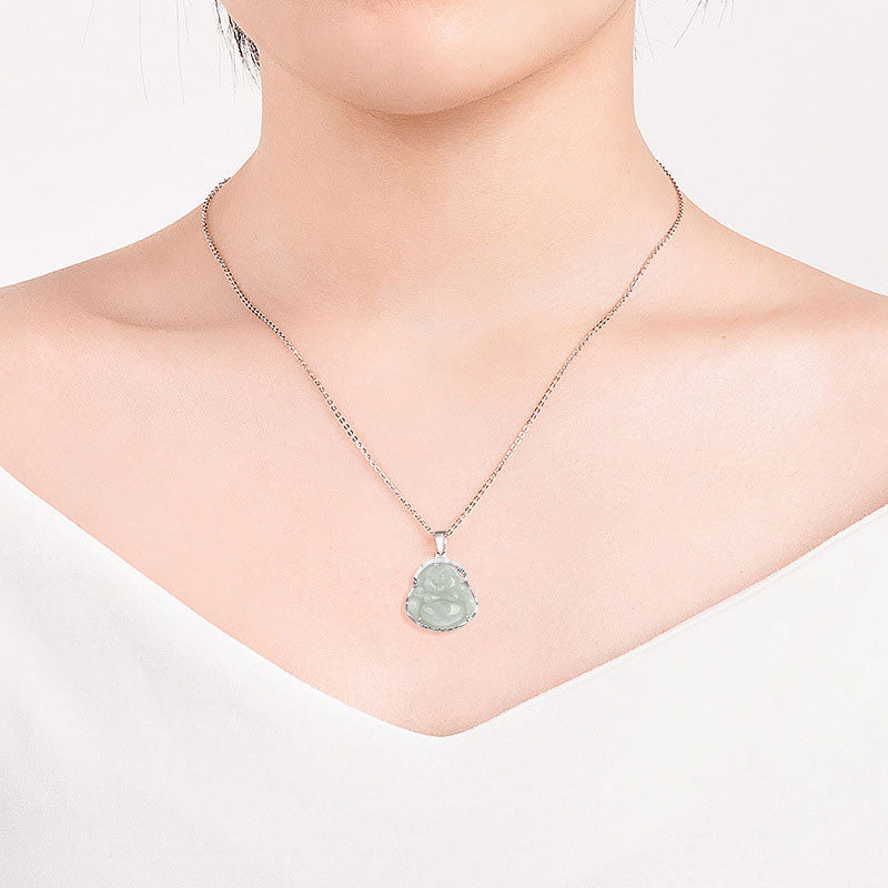 Jade Laughing Buddha Necklace - pendant worn on model at neckline showing natural jade drape on silver chain, serenity
