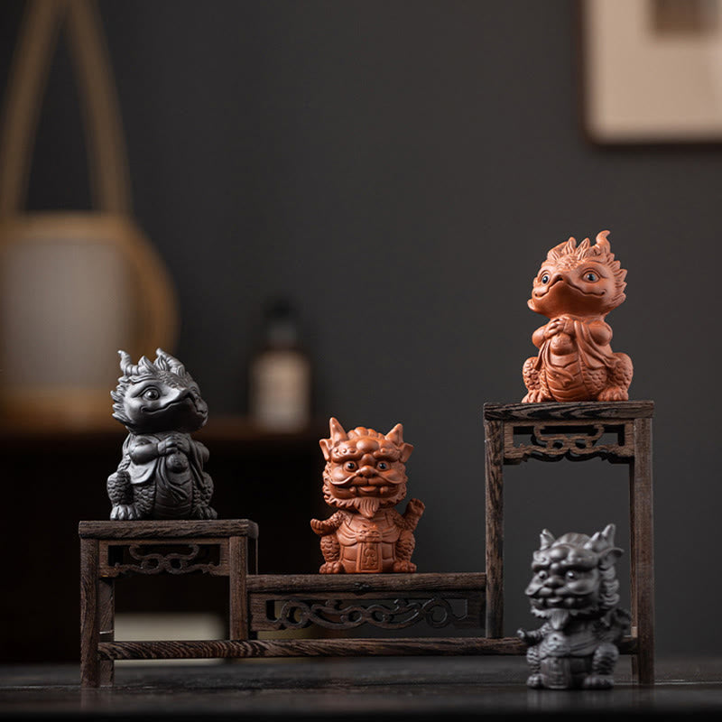 Luck Dragon Tea Pet - four guardian creatures on carved wooden stand, wealth collection