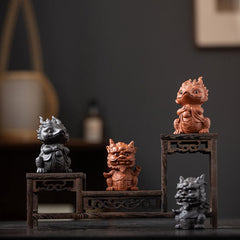Luck Dragon Tea Pet - four guardian creatures on carved wooden stand, wealth collection