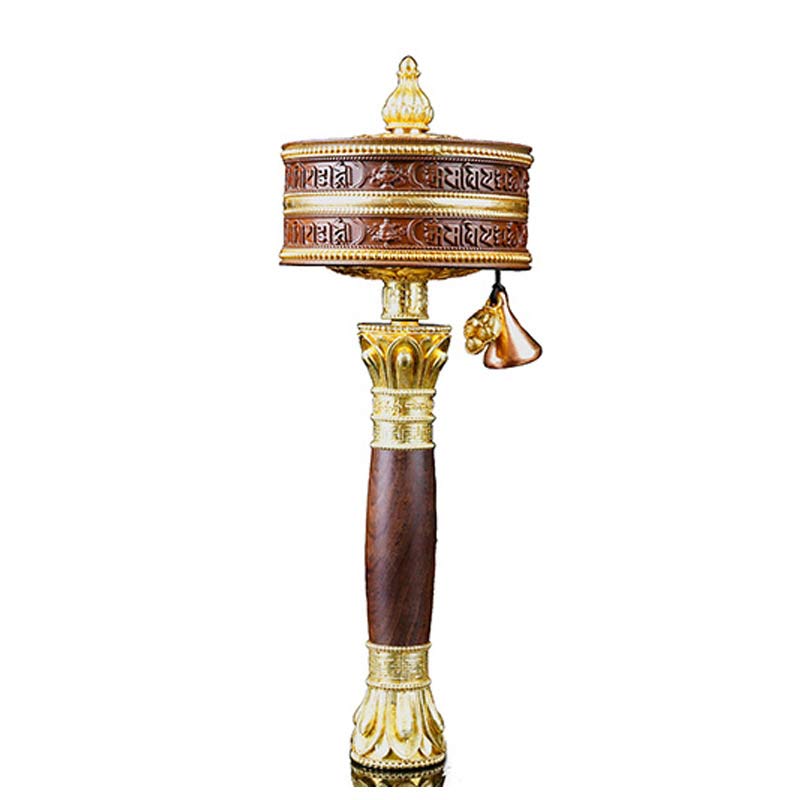 Copper Prayer Wheel – White background shot with gold cylinder and wood handle, Tibetan mantra