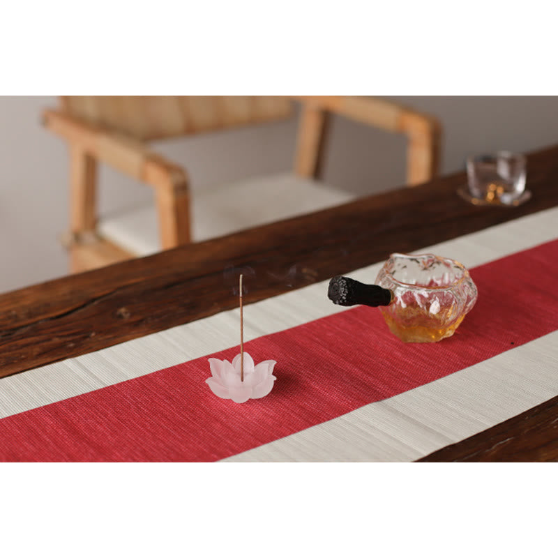 Lotus Liuli Incense Burner – smoke over red runner with teapot, Tea Ceremony