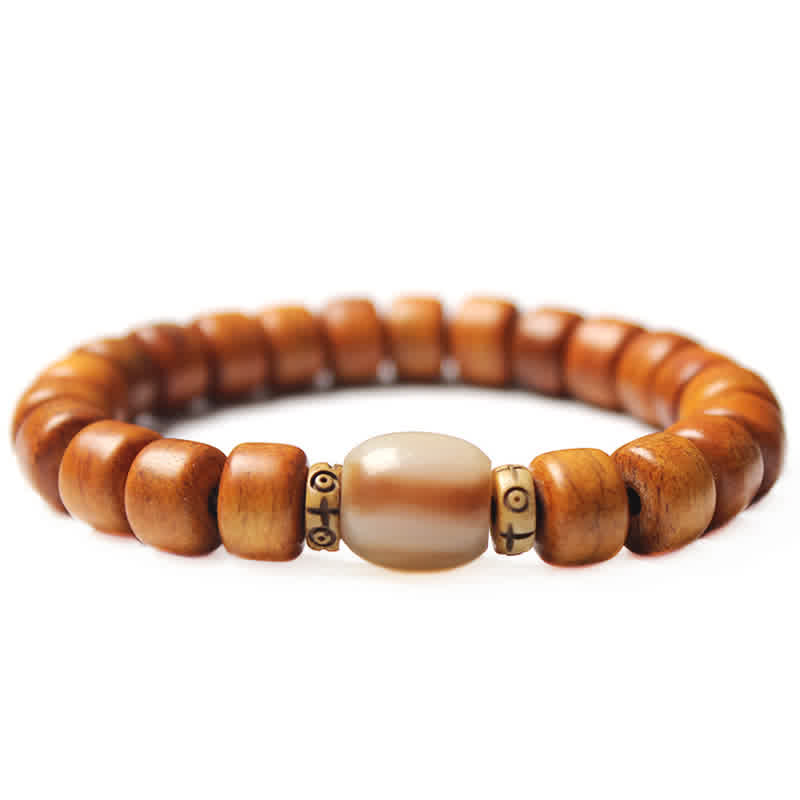 Tibetan Bone Beads Om Mani Padme Hum Bracelet – wood beads with banded agate center and brass spacers, beaded wrist mala