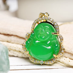 Jade Laughing Buddha Luck Necklace – green jade Buddha on cream fabric with gold crystal border, detail, happiness