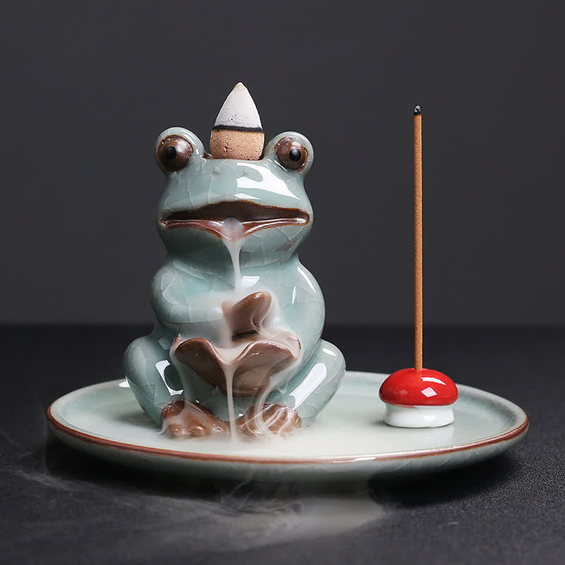 Meditation Frog Ceramic Lotus Incense Burner - Front view with backflow smoke waterfall through lotus, Peaceful