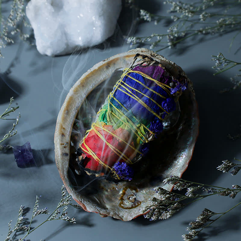 Smudge Stick Set with Abalone Shell - Rainbow stick smoking in iridescent shell, chakra cleansing