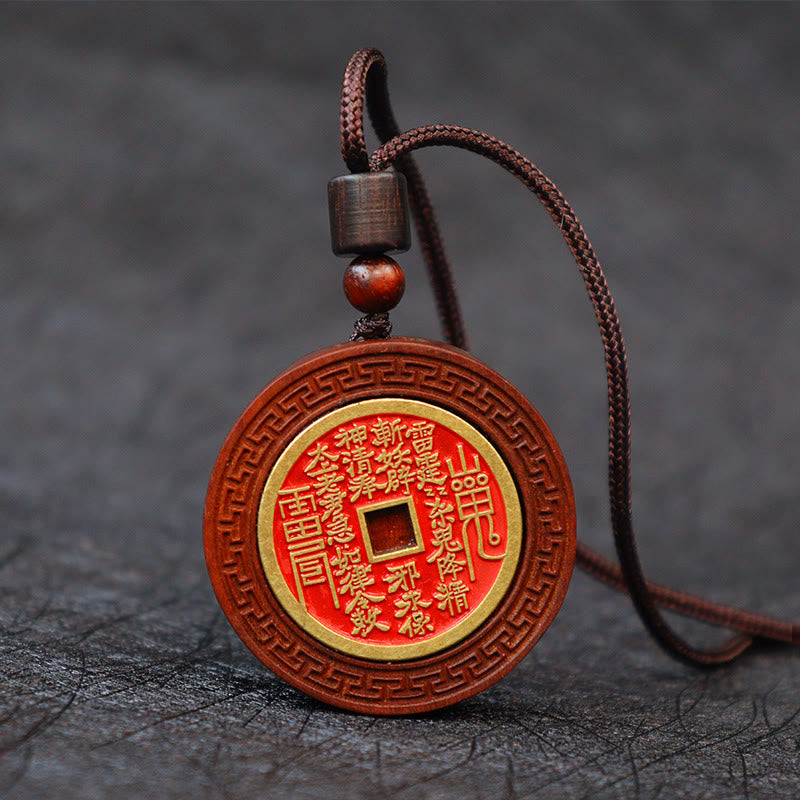 Lightning Struck Jujube Wood Pendant – Carved rosewood pendant with brass inlay center, red enamel talismanic inscriptions an
