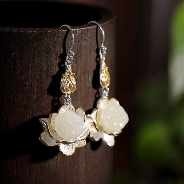 White Jade Lotus Drop Earrings