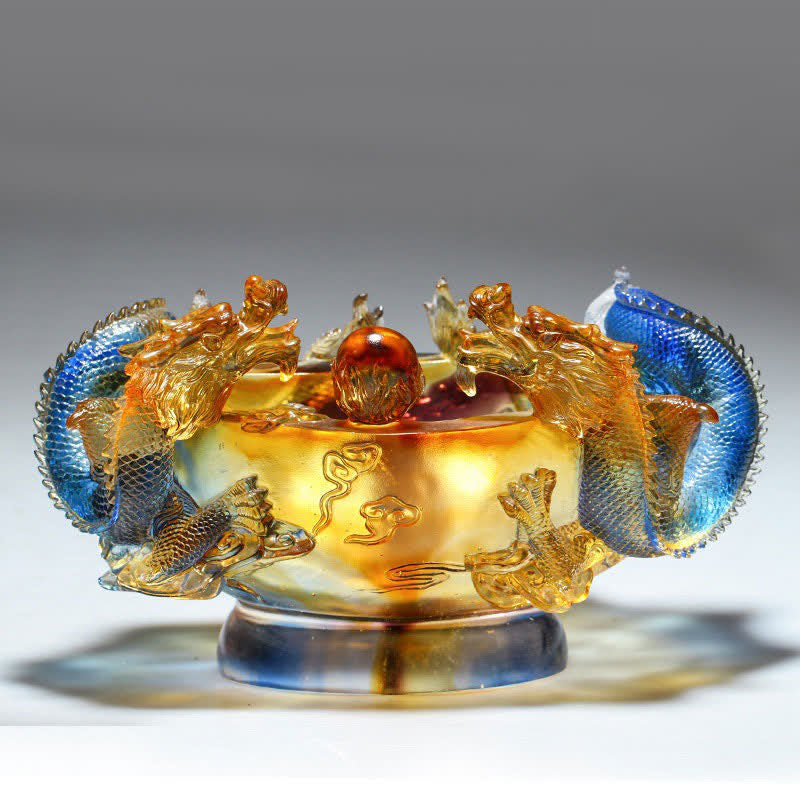 Liuli Dragon Crystal Bowl – Amber-gold vessel with cobalt blue twin dragons chasing pearl, Luck