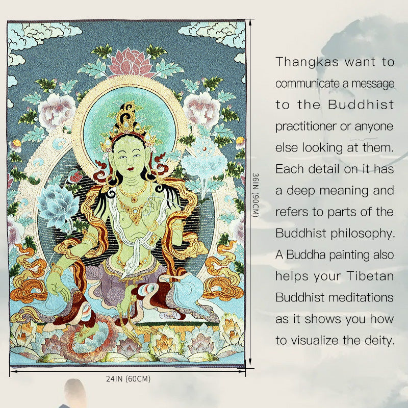 Tibetan Embroidery White Tara Thangka Tapestry – three-quarter angle, black frame, plant decor, mindful living