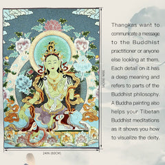 Tibetan Embroidery White Tara Thangka Tapestry – three-quarter angle, black frame, plant decor, mindful living