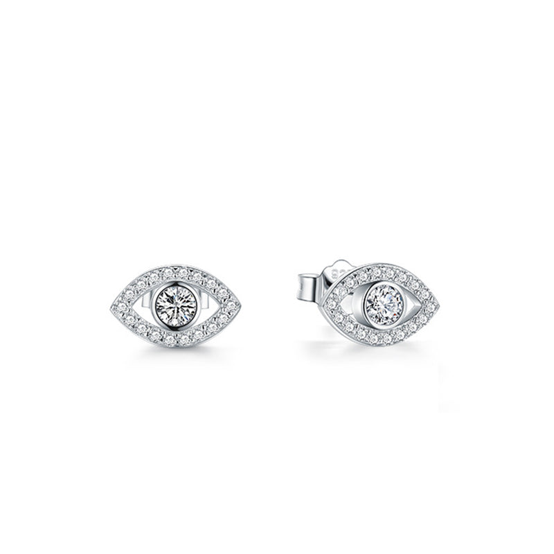 925 Sterling Silver Evil Eye Stud Earrings Frontal and Angle View, Clear CZ Pavé Design
