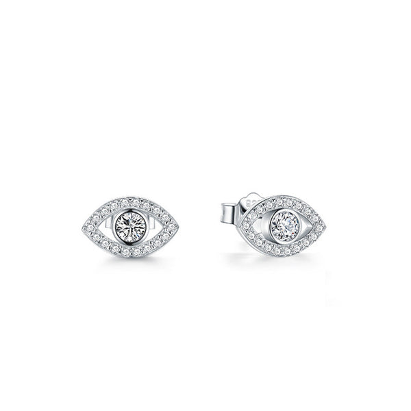 925 Sterling Silver Evil Eye Stud Earrings Frontal and Angle View, Clear CZ Pavé Design