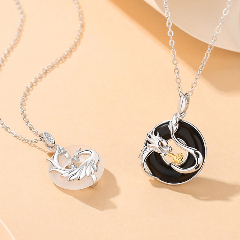 Black Onyx Dragon Phoenix Pendant - silver dragon on black stone paired with phoenix on white jade, Balance