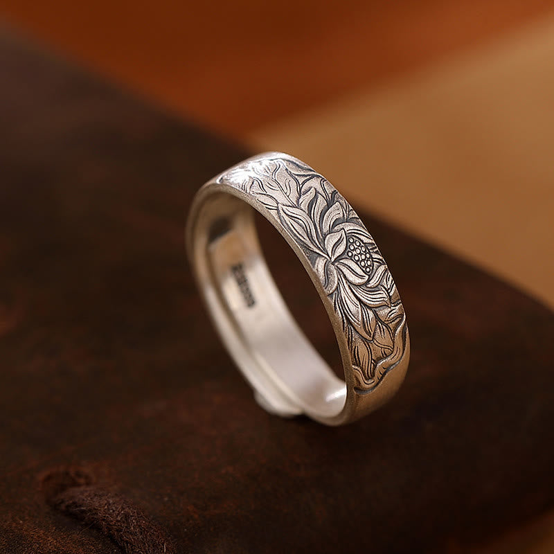 Anillo ajustable de flor de loto y ciruelo "Iluminación" de plata 999