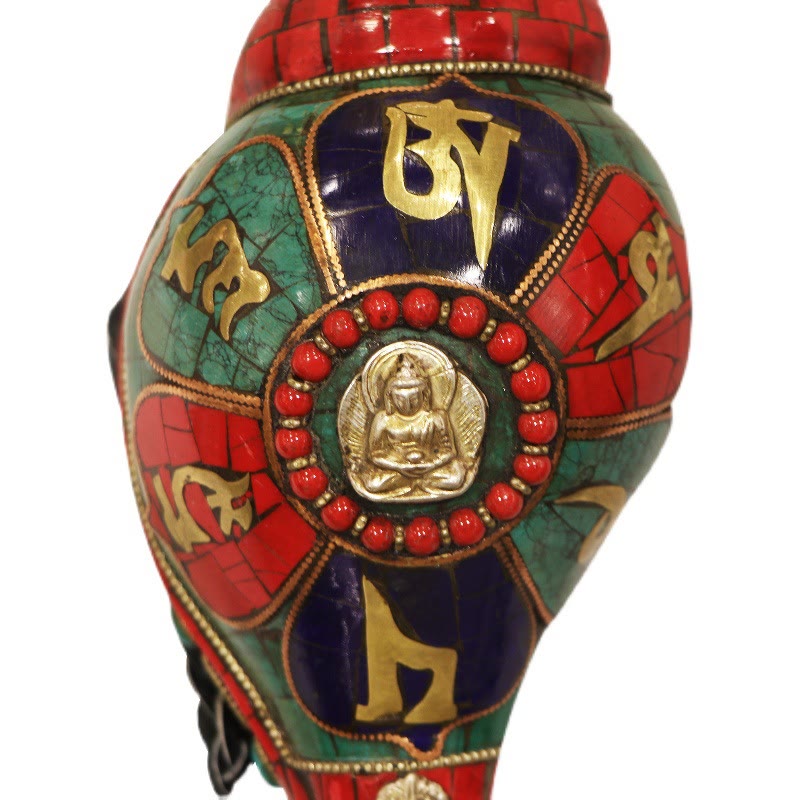 Shankha Om Mani Conch – low angle dramatic lighting emphasizing Buddha carving depth, sacred art piece