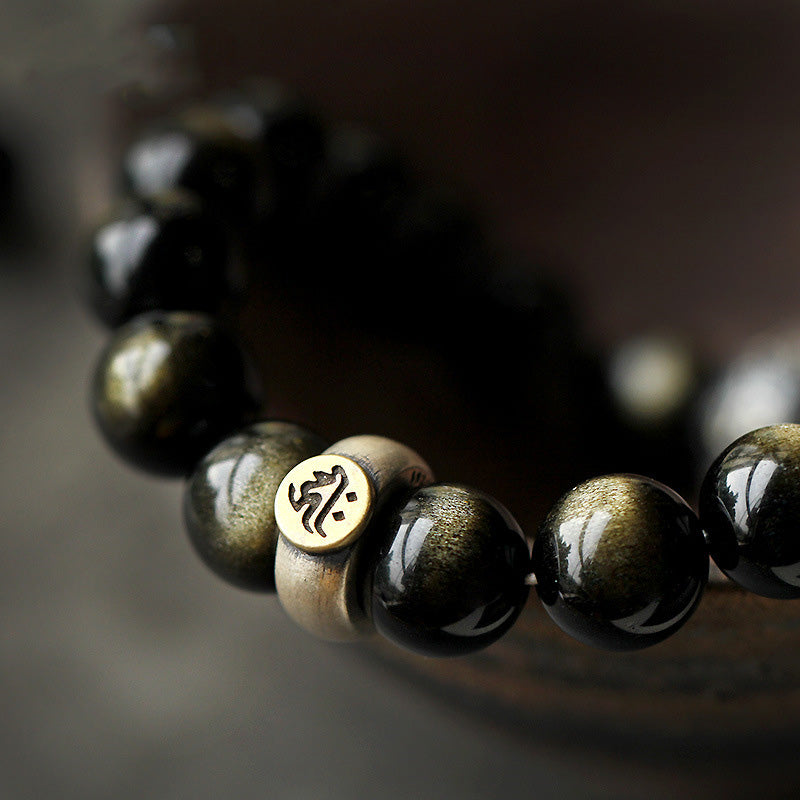 Zodiac Natal Buddha Obsidian Silver Bracelet - Curved view with bone accent bead and gold inlaid disc