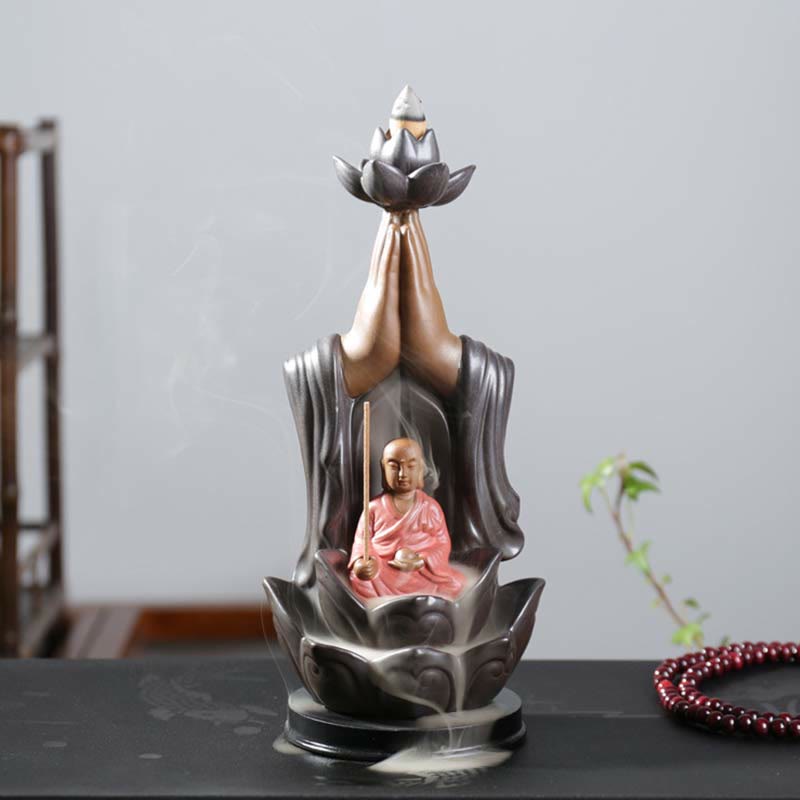 Buddha Lotus Incense Burner – Smoke waterfall over pink-robed Buddha, Serene home decor