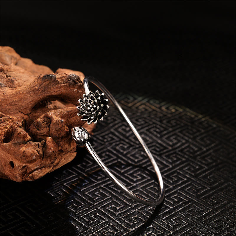 White Copper Lotus Enlightenment Bangle - open cuff on driftwood, lotus bloom, pure
