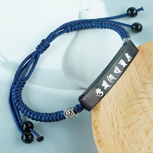 Om Mani Padme Hum Protection Bracelet – Blue braided cord with ebony mantra plaque on wooden disc