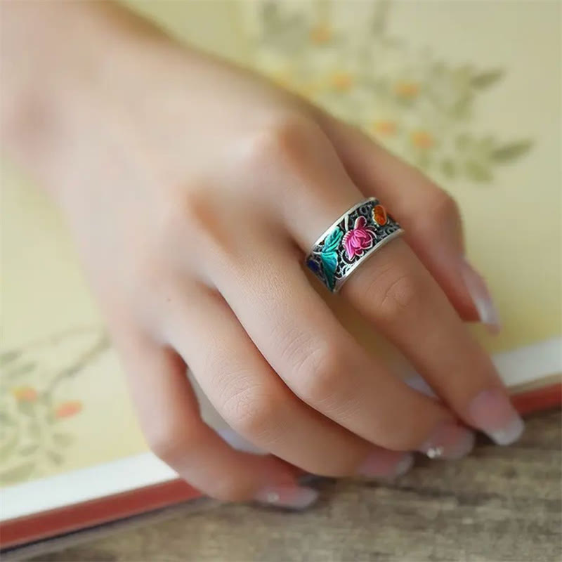 Copper Enamel Koi Fish Ring – displayed in wooden jewelry box with velvet lining