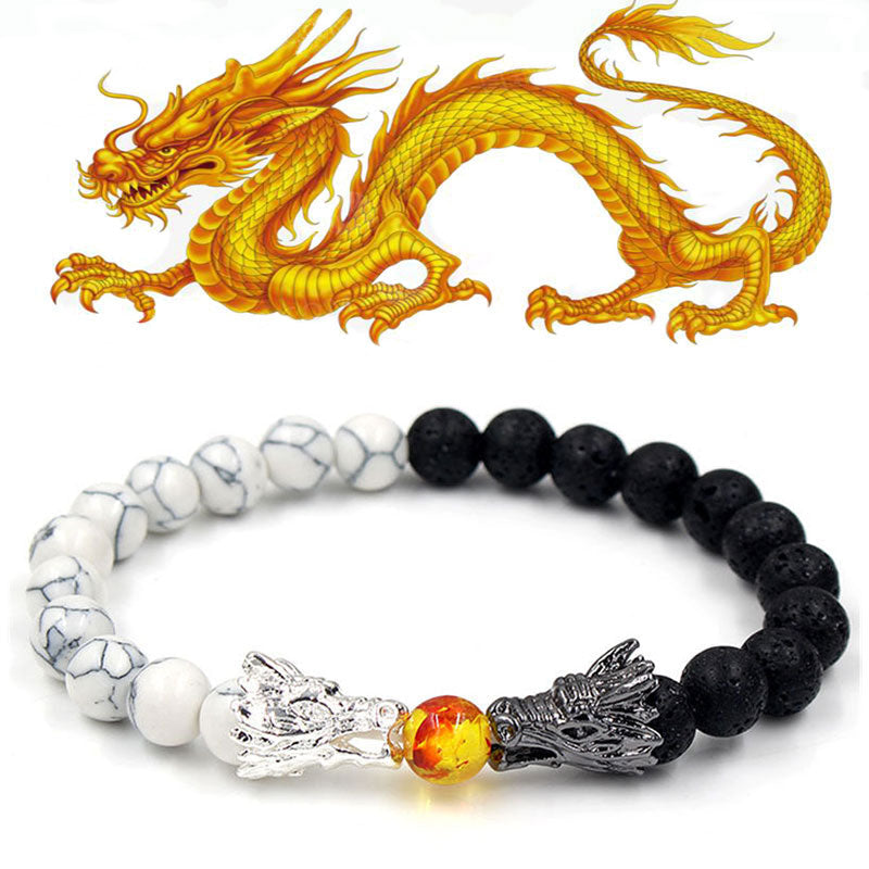 White Turquoise Lava Rock Dragon Bracelet – White howlite and black lava with silver gunmetal dragons overhead, Harmonious