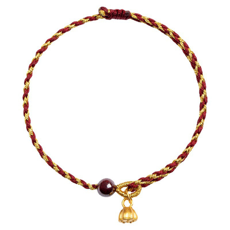 Red Gold Rope Lotus Braid Bracelet - overhead white background with sliding knot, lucky bracelet