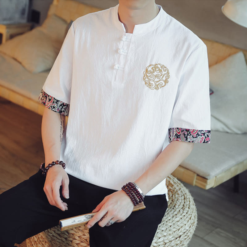 Dragon Embroidery Frog-Button Linen Tang Suit Shirt - White shirt with gold embroidered chest, refined
