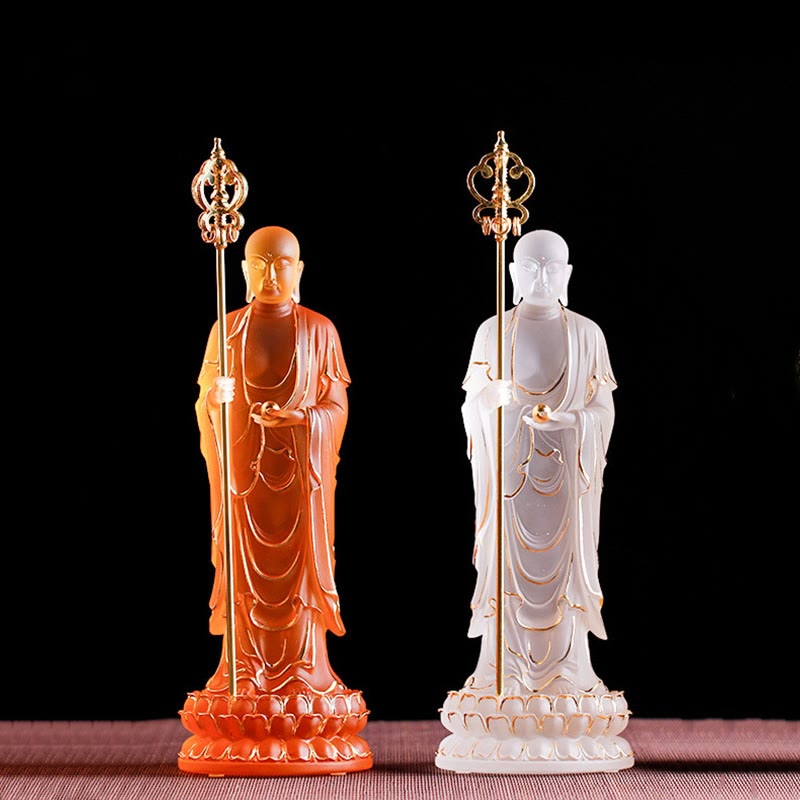 Ksitigarbha Liuli Crystal Figurine – Displayed on rosewood stand in soft light, boutique display