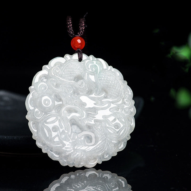 White Jade Dragon Necklace – Openwork dragon medallion with reflection and foliage bokeh, Tranquil