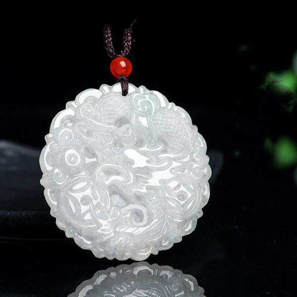 White Jade Dragon Necklace – Openwork dragon medallion with reflection and foliage bokeh, Tranquil