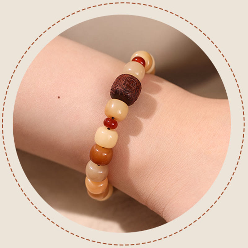 Natural Bodhi Seed Om Mani Padme Hum Wisdom Bracelet - Worn on wrist, earthy tones and fit