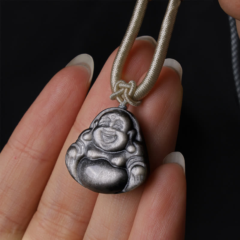 Cinnabar Laughing Buddha Yin Yang Zodiac Necklace – close-up of cinnabar carving texture, spiritual wellness gift
