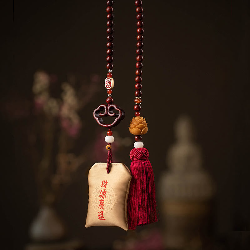Red Sandalwood Car Hanging – Prosperity blessing pouch with gold embroidery between sandalwood bead strands and lotus carving