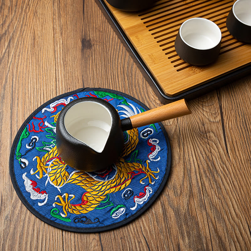 Dragon Embroidery Tea Cup Coaster Mat - royal blue base dragon with teapot, tea tray visible, functional display