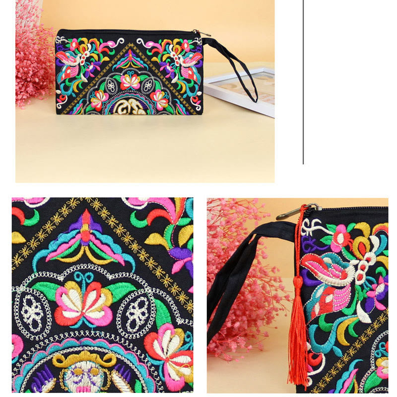 Dragon Butterfly Embroidery Wallet - Three-panel with full view and embroidery detail, Ornate
