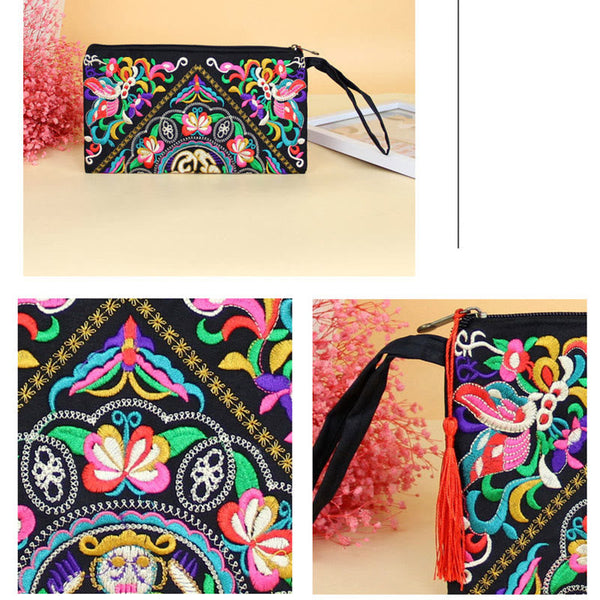 Dragon Butterfly Embroidery Wallet - Three-panel with full view and embroidery detail, Ornate
