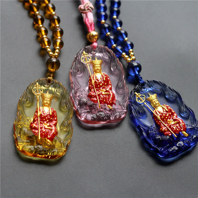 Ksitigarbha Buddha Liuli Crystal Necklace – Elegant crystal pendant showcasing Dizang Bodhisattva, Eastern wellness decor