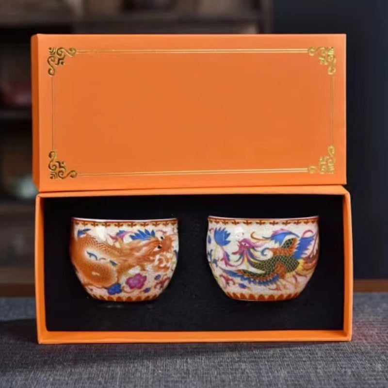 2Pcs Dragon Phoenix Ceramic Teacup Set - Dragon phoenix tea set in open presentation box, elegant