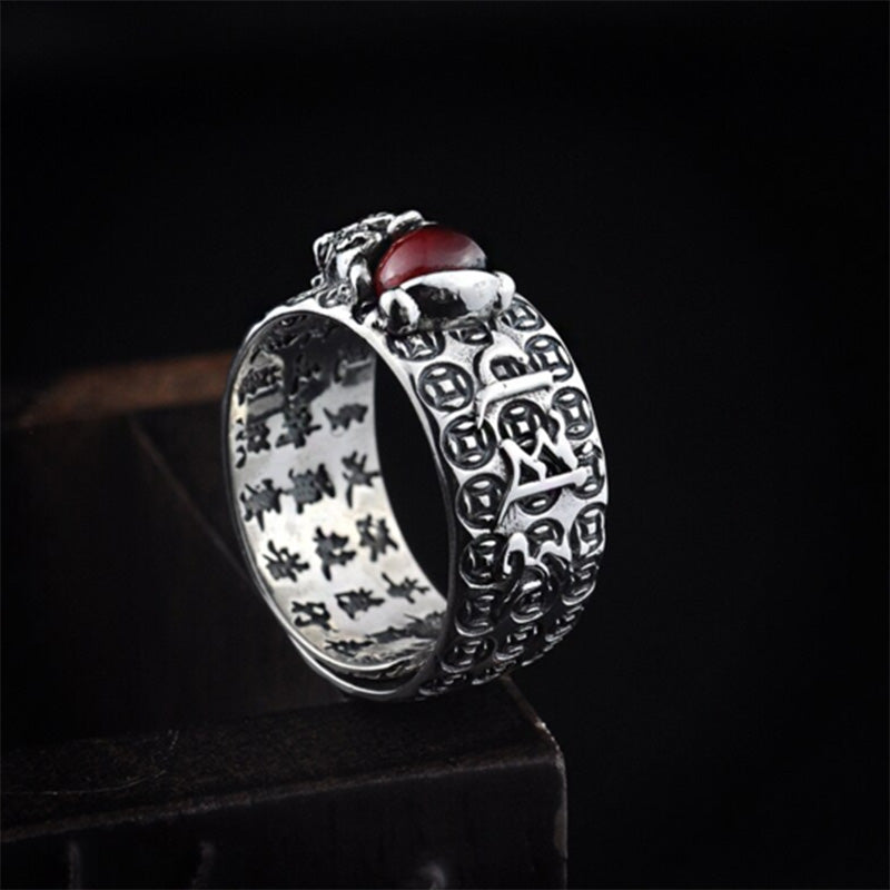 PiXiu Red Garnet Wealth Ring – Reverse side showing interior Chinese engravings and coin motifs, lucky ring