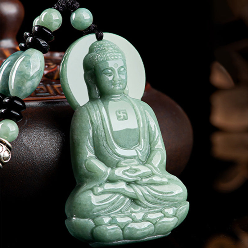 Amitabha Buddha Jade String Necklace - Green jade pendant with black onyx beaded necklace detail