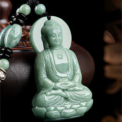 Amitabha Buddha Jade String Necklace - Green jade pendant with black onyx beaded necklace detail