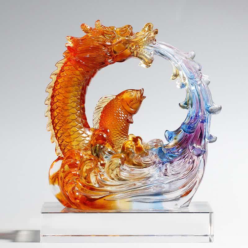 Dragon Koi Liuli Crystal Art – On display base with light, luminous dragon koi piece