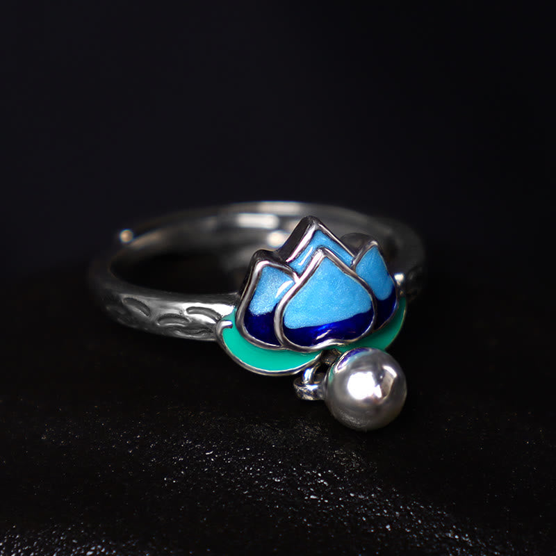 Lotus Flower Copper Ring - adjustable open band with blue lotus and pearl dangle, nature-inspired