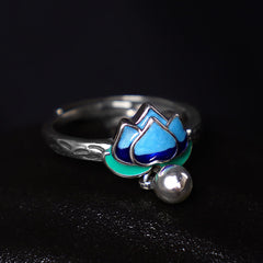 Lotus Flower Copper Ring - adjustable open band with blue lotus and pearl dangle, nature-inspired