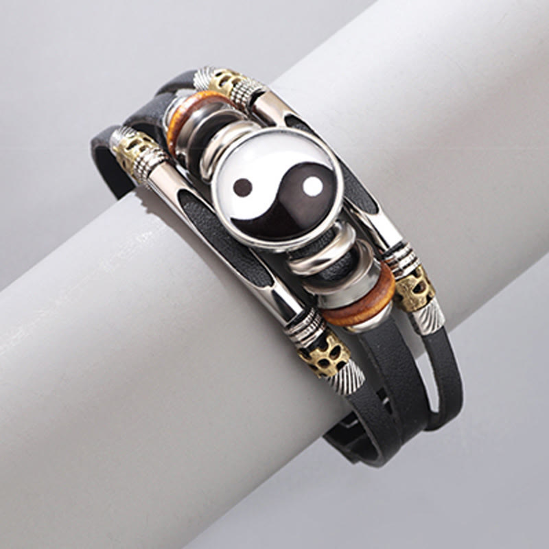 Yin Yang Leather Balance Bracelet - Black white yin-yang leather bracelet worn on wrist, spiritual jewelry