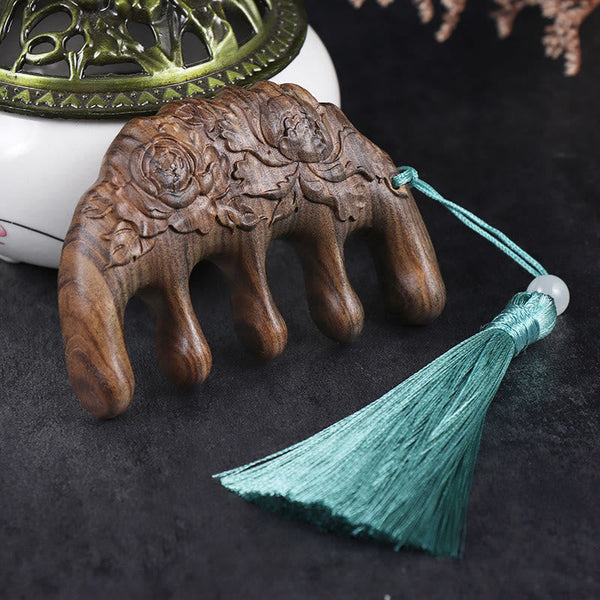Green Sandalwood Koi & Lotus Tassel Comb – Chacate Preto Wood Peony, image 2